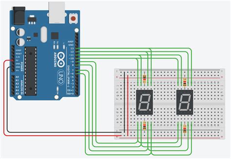 Take BreadBoard place red led, yellow led and green led. . Traffic light with 7 segment display tinkercad